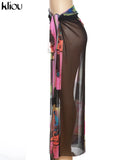 Kliou Mesh Aesthetic Print Skirts Women Stunning Sexy Irregular Shape Unique Style Side Lace Clothing Clubwear Female
