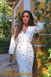 Women Sweet Fashion Printed Split Midi Dress Elegant V Necked Long Sleeve Pleated Vestido 2023 Autumn Lady Chic High Streetwear-Outfit
