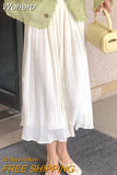 Women Spring Summer Chiffon Pleated Skirt Elegant High Waist Mid-length Solid Color Long A-line Skirt QT2041-Outfit