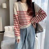 Korean Style Striped Sweater Woman All Match Long Sleeve Knit Pullover Women Autumn Winter Basic O Neck Bottoming Shirt-Outfit