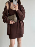 Woherb New Loose Solid Color Sweater Cardigan Package Buttock Vest Skirt Suit In The Long Sweater Two Sets Of Women-Outfit