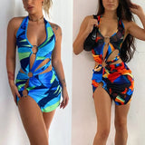Women Halter Short Bodycon Dress Summer Party Club Hollow Out Ring Mini Sundress Cutout Sleeveless Backless Wrapped