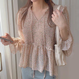 Chic Korea Cute Doll Shirt Design Women Sweet Japan Girls Floral Print Vintage Retro Peplum Ruffled Tops Blouse 2021 Fall