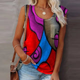 2021 Summer Fashion Colorful Print Shirt Women Shirts Elegant O-Neck Sleeveless Patchwork Tops Female Casual Loose Blusa