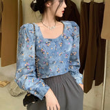 Vintage Print Women Denim Blouse Square Neck Puff Long Sleeve Blue Jean Short Shirt Casual Elegant Crop Korean Ladies