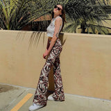 Women Paisley Print Flare Pants Casual Streetwear Club Trousers New Fashion Vintage Female 2021 Summer Sexy Brown