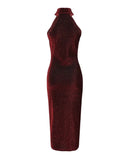 Women Sexy Slim Mini Dress Halter High Neck Sleeveless Glitter Bodycon Dress Evening Party-Outfit