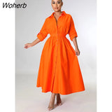 Shirt Dress Women Fashion Commuter Solid Long-sleeved Lace-up Button Shirt Maxi Dress for Women-Outfit