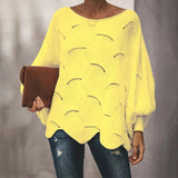 Loose Sweater Cloak Casual Oversized Soft Lantern Sleeve Hollow Out Pullovers Knit O Neck Wave Hem Solid Female