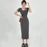 2024 Summer Bodycon Long Dress Women Korean Style Mid-Length Short Sleeve Dresses Woman Solid Streetwear Slim Vestidos-Outfit