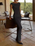 Women Maxi Dresses Summer New Sexy Backless Solid Fashion Short Sleeve Streetwear Dress Casual Slim Female Elegant Knit Dresses-Outfit