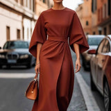 Women's Fashion Temperament Elegant Solid Color Waist Dress Casual Bat Sleeve