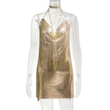 Gold Sequins Diamonds Sexy Night Party Dress Women Sleeveless Halter Backless Mini Dresses Femme Clubwear V-Neck