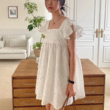 Woherb Korean Chic Summer New Style Small Pure And Fresh And Sweet Show Thin Jacquard Loose Reduce Age Flounce Square Collar Dress Female-Outfit