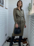 Fashion Turn-down Collar Women Satin Mid-length Dress Casual Loose Irregular Belted Female Dress 2022 Spring-Outfit