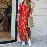 Long Shirt Dress Autumn Letter Print Irregular Beach Maxi Dress Elegant Turn Down Collar Long Sleeve Split Female