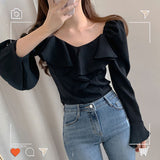 Ruffled Tops And Blouses Autumn Fall Basic Wear Flare Sleeve Chic Korean Fashion Shirts Black Off Shoulder Women Top