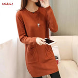 Sping Winter Women Black Sweaters Casual Solid O-Neck Long Sleeve Knit Sweaters Loose Pockets Mid Length Pullover Female