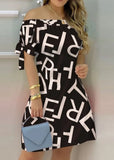 Printed Off Shoulder Short Sleeve Casual Midi