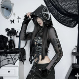 Dark Punk Fishnet Zip Up Cardigans Mall Gothic Faux Pu Hooded Crop Jackets Women Sexy Streetwear Club Smock Tops CF23407AH-Outfit