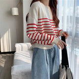 Korean Style Striped Sweater Woman All Match Long Sleeve Knit Pullover Women Autumn Winter Basic O Neck Bottoming Shirt-Outfit