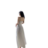 Hot Girl Sexy Show Thin Collar Dew Back Strap Hanging Neck Condole Belt Pleated Seaside Photo Comfortable Dress-Outfit