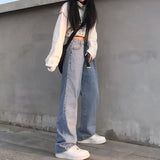 Women Mopping Jeans Straight Solid Adjustable Waist Loose Korean Style Trendy Females Trousers All-match Teenagers 2021 Newest-Outfit