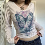 y2k Butterfly Print Long Sleeve Crop Top Autumn V Neck Pullovers Tees Fairy Grunge 90s Vintage Women Harajuku