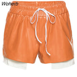 Puss PU Leather Sexy Shorts Women Contrast Color Patchwork Lace Up High Waist Stretchy Skinny Midnight Streetwear Bottoms-Outfit