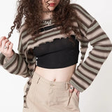 Vintage Stripe Knitting Crop Top Grunge Aesthetic 90 00s T-Shirts Hollow Out Y2k Pullovers Long Sleeve Top Streetwear-Outfit