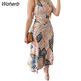 Elegant Two Piece Set Women Fashion Print Sleeveless Halterneck Vest Long Skirt Suit Two Piece Set Women-Outfit