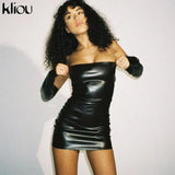 Kliou Faux PU Leather With Gloves Party Dress Women Backless Sexy Hot Clubwear Skinny Slim Solid Fashion Bodycon Mini