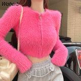 Women's Sweater Top Knitted Cardigan Plush Off Shoulder Short Style Gentleness Mink Solid Color Zipper Design-Outfit