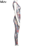 Kliou Mesh Paisley Print Two Piece Set Women Skinny O-Neck Sleeveless Top+ Multi-Color Pencil Pants Streetwear Female