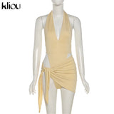 Kliou Solid Deep V sexy Two Piece Sets Midnight Club Halter Top And Skirt Backless Summer Partywear Hollow Out Ruched Women