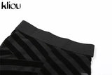 Kliou Mesh Patchwork Two Piece Set Women Sexy Solid Deep V-Neck Crop Tops+ See Through High Waist Skinny Female Matching