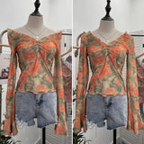 Print V-Neck Horn Sleeve Top Wooden Ear Lace With Short-Sleeved Long-Sleeved T-Shirt