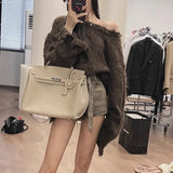 Woherb Sister Restore Ancient Ways Broken Edge Twist Sweater Female Autumn Winter Trend Wind Show Shoulder Design Feeling Loose Head Knit Jacket Female-Outfit