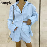 Casual Women Summer Long Sleeve Blouse Tracksuit Shorts Set Loose Tops And High Waisted Mini Shorts Two Piece Set