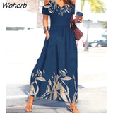Summer Women New Summer Plants Print Cold Shoulder Maxi Dress Short Sleeve V Neck Femme Casual Daily Vacation Dresses Cloth-Outfit