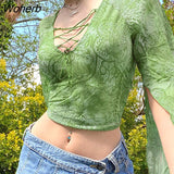 Women Sexy See Through 2000s Mesh Cardigan T-Shirt Ladies Girls Flare Long Sleeve Button Down Lace E-Girl Crop Tops-Outfit