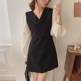 Woherb Long-Sleeved Chiffon Dress Waist Show Thin Bottom Skirt Female New Fake Two Foreign Style Small Short Skirt-Outfit