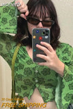 Graphic Print Green Mesh Sheer T-shirt Long Flare Sleeve Slim Crop Tops Sexy See Trough Women Tops Y2K Vintage Grunge-Outfit