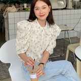 New 2021 Korean Floral Blouses Tops Lapel Short Sleeve Embroidered Shirt Blusas Button Up Shirt Harajuku Tops Mujer