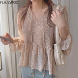 Chic Korea Cute Doll Shirt Design Women Sweet Japan Girls Floral Print Vintage Retro Peplum Ruffled Tops Blouse 2021 Fall