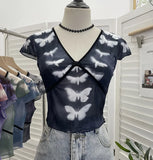 Sexy Hottie V-Neck Butterfly Print Short-Sleeved T-Shirt Slime Short-Navel Net T-Shirt Girl