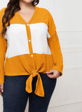 Color Blocking Casual V-neck Full Sleeves Knotted Regular Plus Size