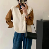 Woherb Shot V-Neck Head Pure Color Knit Vest Women Spring 2024 New Korean Version Soft Waxy Loose Fold Wear Vest Women-Outfit