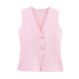 Women's 2025 Summer New V-Neck Gold Button Knitted Vest + Folding Skirt