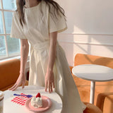 Korean Chic Long Dress Summer Short Sleeve A Line Lace-Up Bow Tie Retro Vintage Cute Women Cotton Blend Dresses